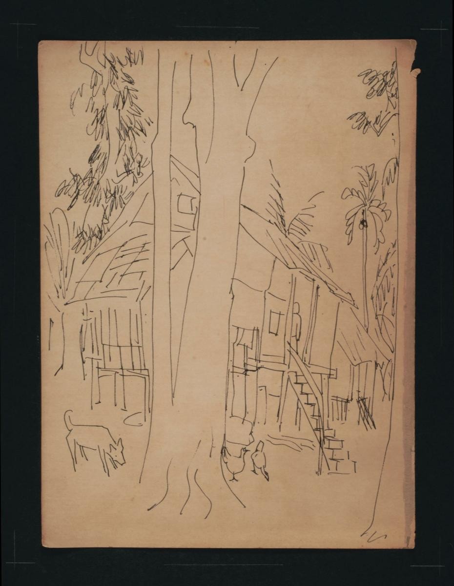 Untitled (One Dog, Two Chickens outside House)