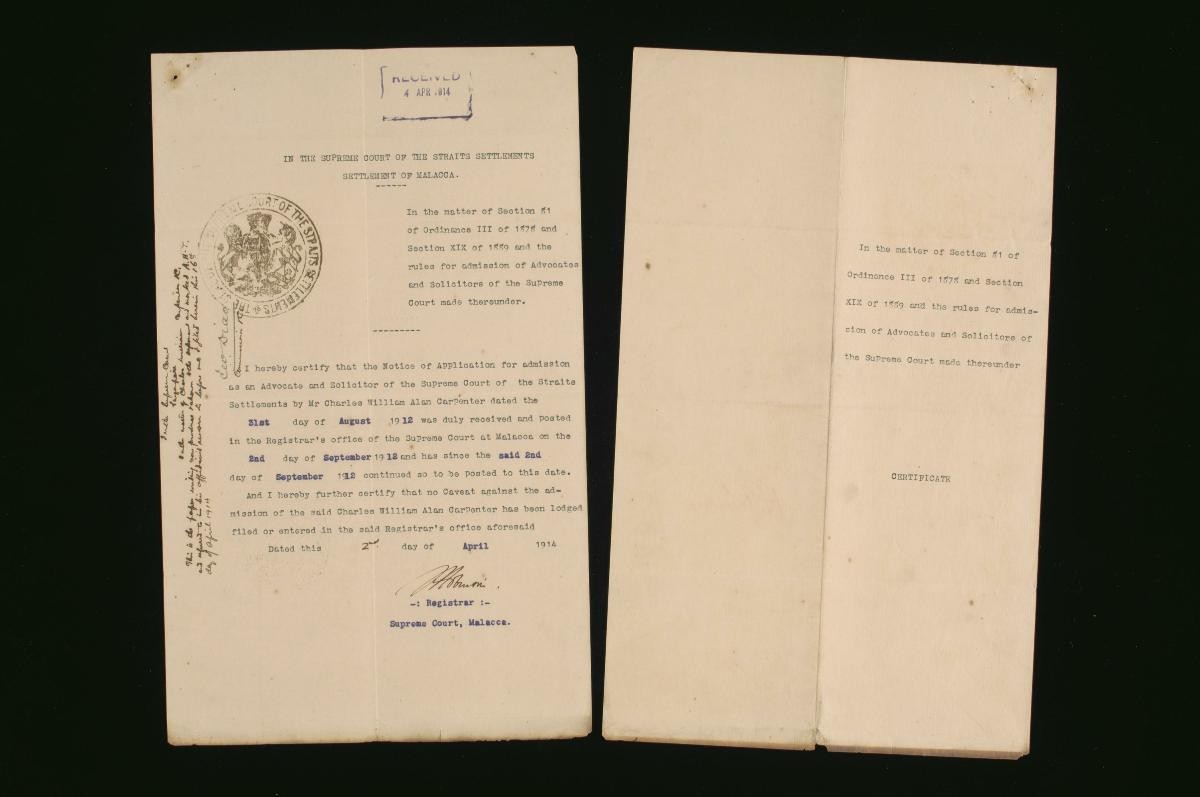 Registrar's certificate of the Supreme Court, Malacca for Charles William Alan Carpenter