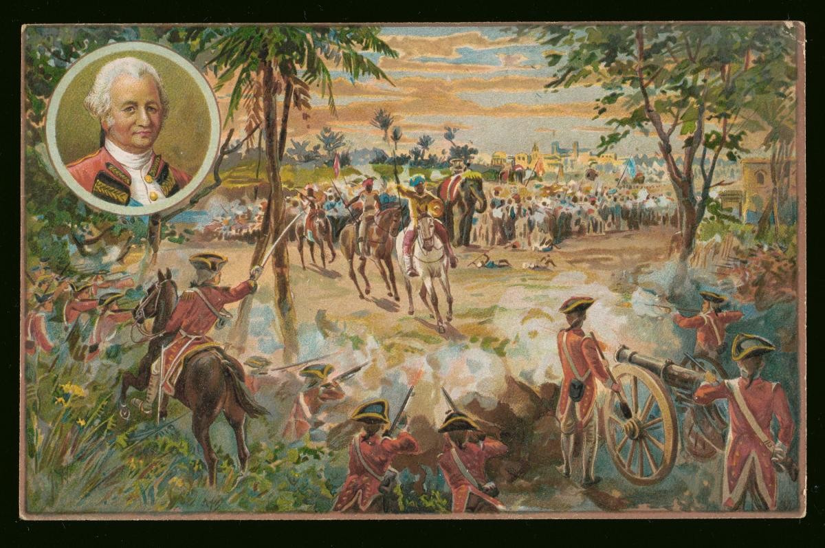 Advertising print showing a battle between British and Indian soldiers