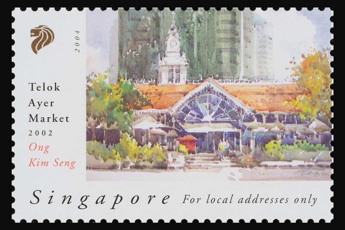 A stamp featuring 'Telok Ayer Market, 2002' by Ong Kim Seng