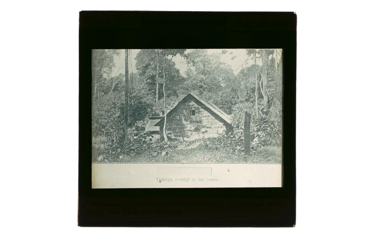 A glass lantern slide depicting a forest lodge