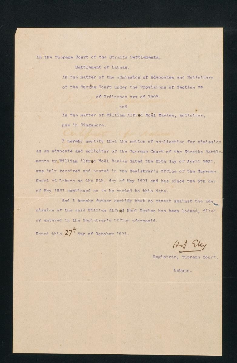 Registrar's certificate of the Supreme Court, Labuan for William Alford Noël Davies