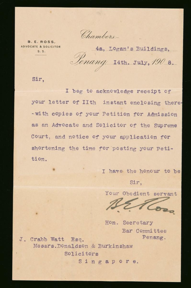 Letter from the Secretary of the Penang Bar Committee to James Crabb Watt and Messrs Donaldson and Burkinshaw of Singapore