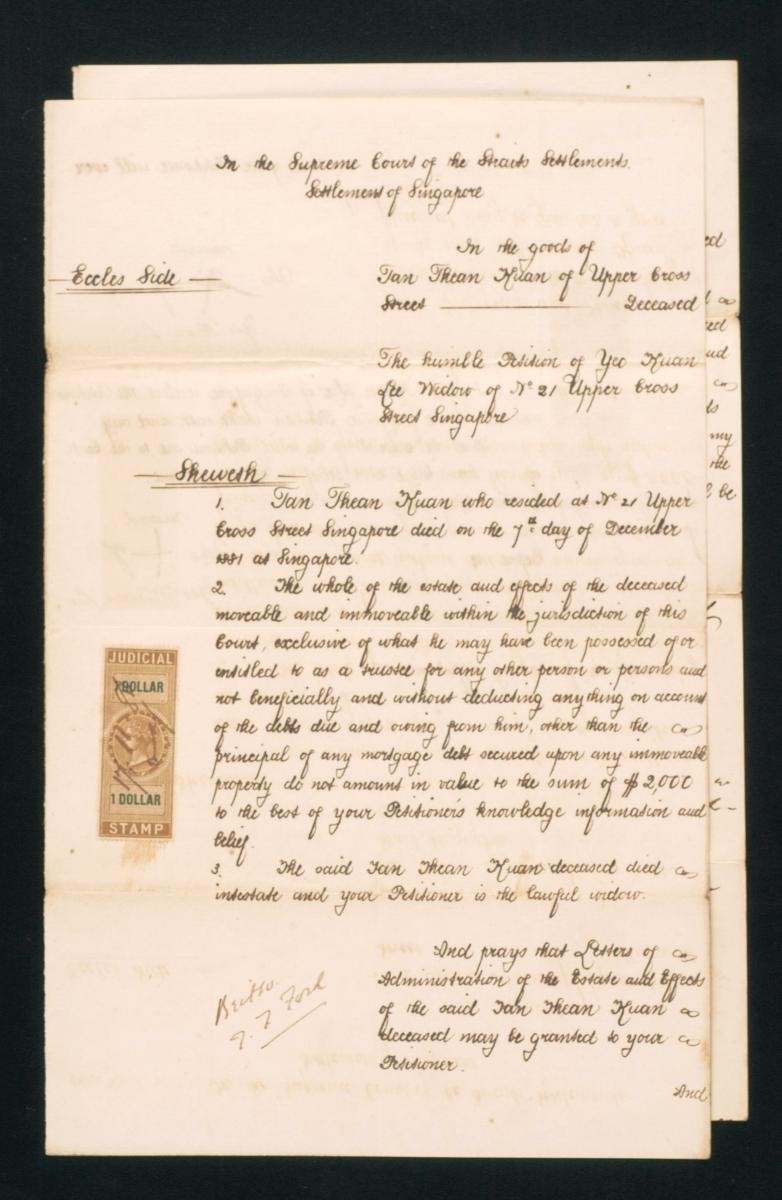 Petition of Yeo Kuan Lee concerning the estate of Tan Thean Kuan