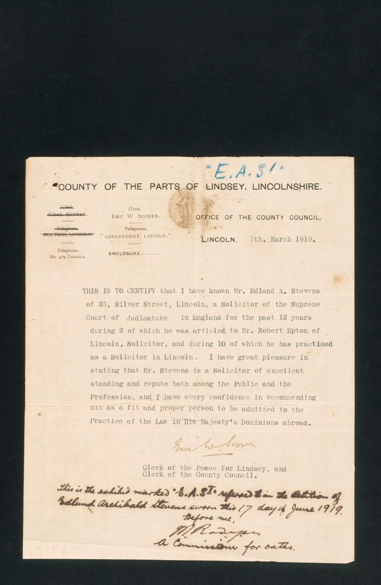 Testimonial for Edlund Archibald Stevens from Eric W. Scorer