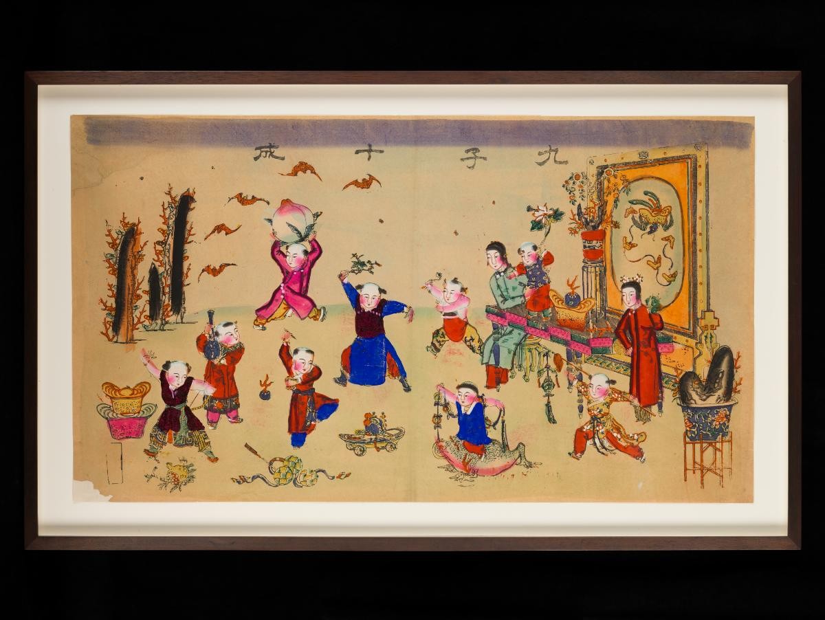 Chinese woodblock print conveying wishes for many sons and for all to attain success in examinations