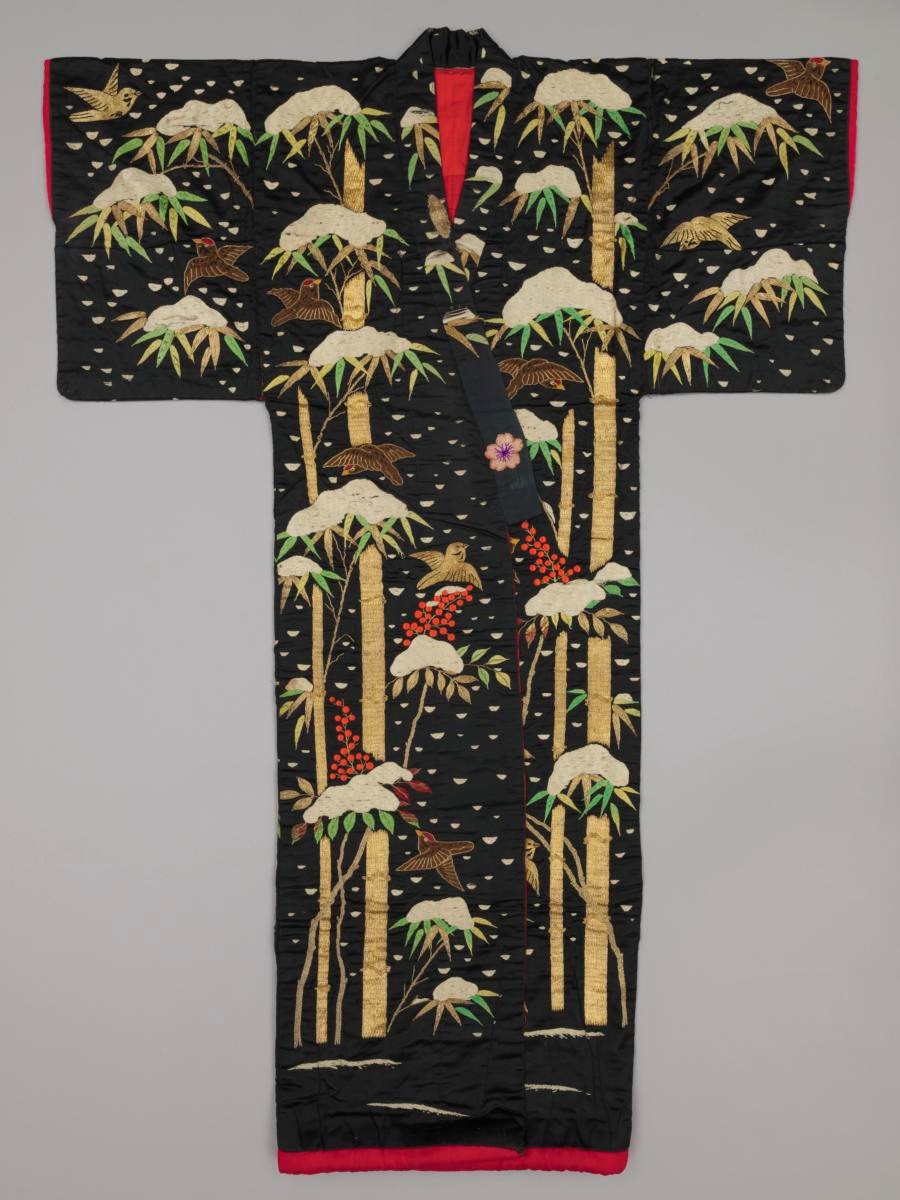 Outer kimono (uchikake) with birds, bamboo and nandina berries in snow