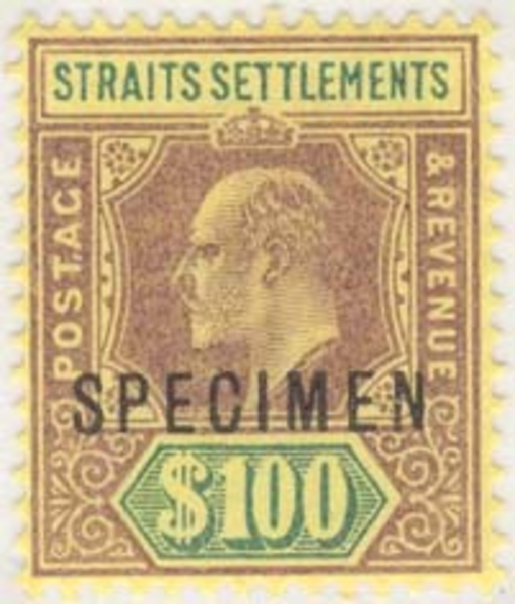 Specimen of King Edward VII Straits Settlements $100 high value definitive stamp issue of 1902-12.