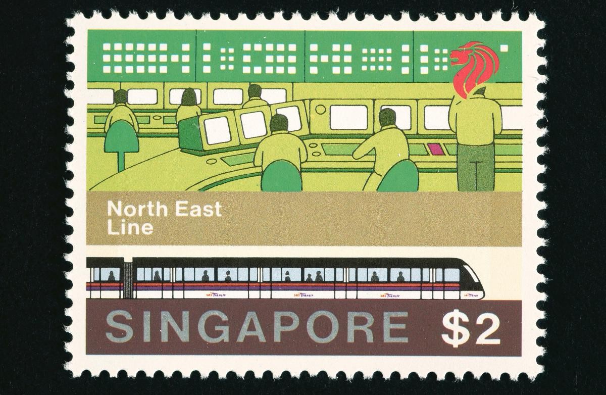 Stamp of two-dollar denomination from first day cover commemorating the opening of the MRT North East Line