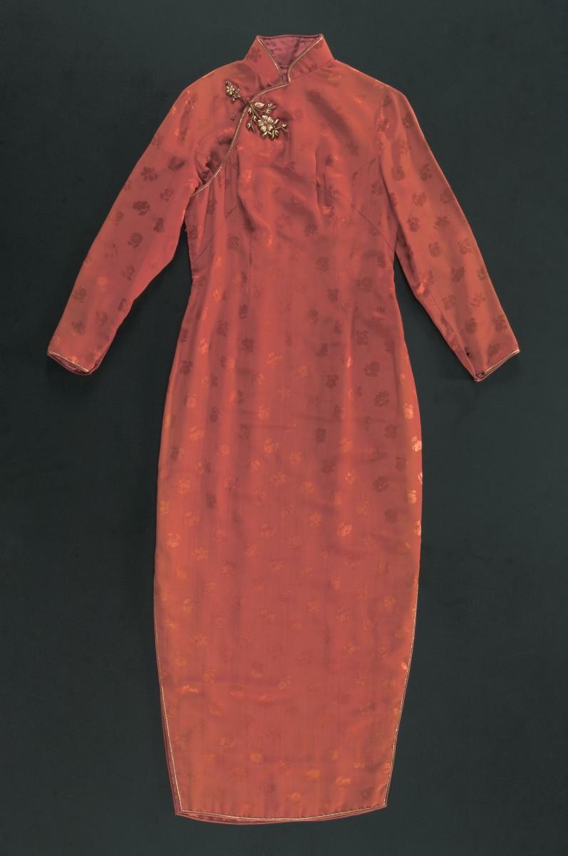 Red cheongsam with floral motif all over