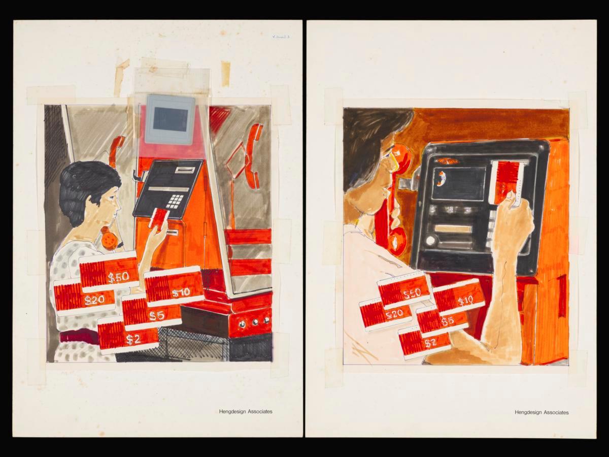 Set of 2 hand drawn illustrations depicting the user experience of Telecoms phone cards at a public payphone