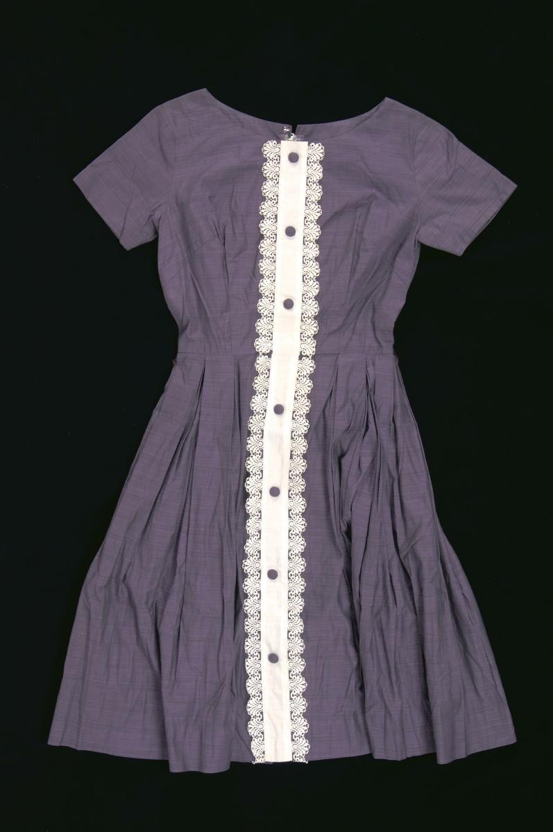 Purple cotton dress with white lace panel