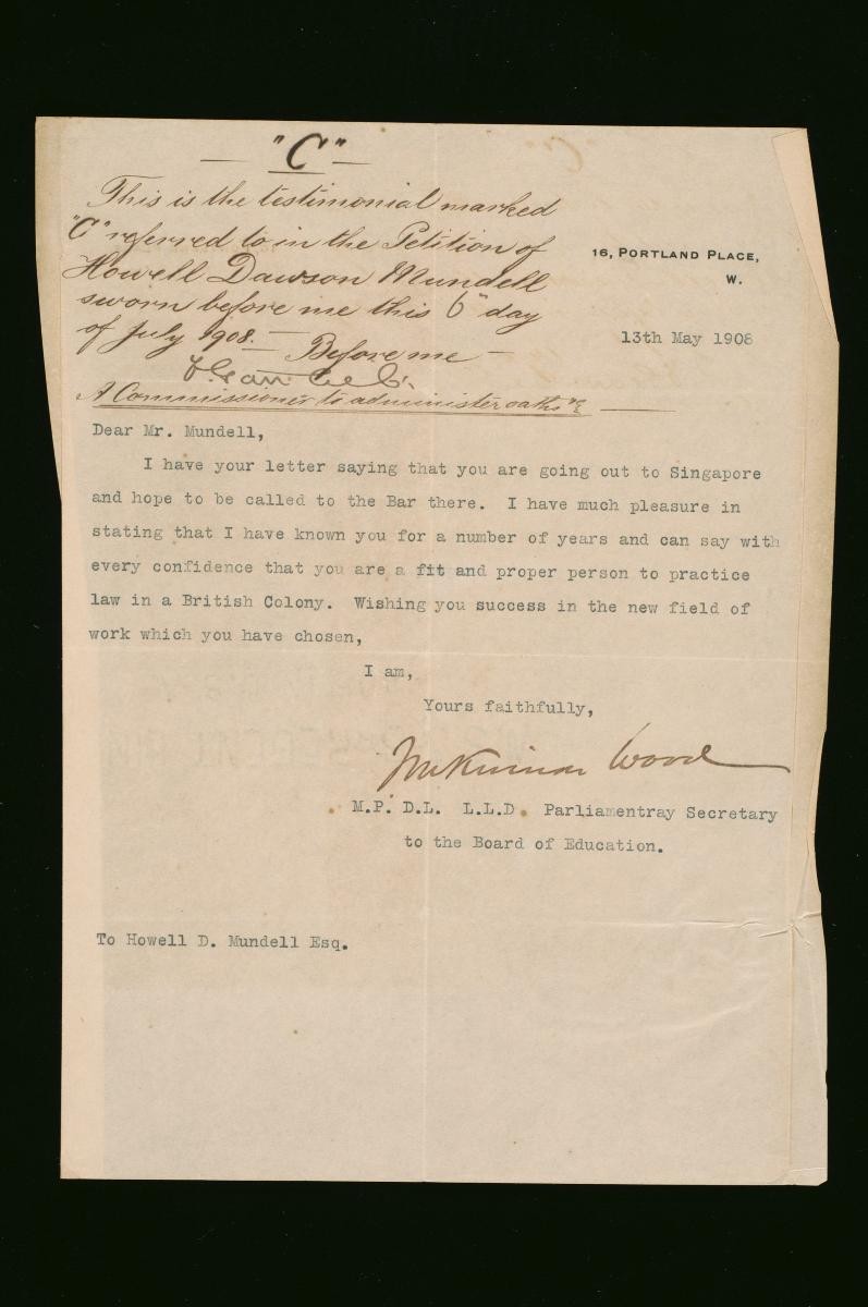 Testimonial for Howell Dawson Mundell from the Parliamentary Secretary to the Board of Education