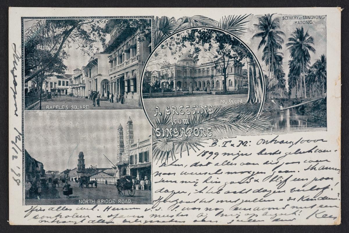 Postcard featuring images of Raffles Square, Raffles Museum, Tanjong Katong and North Bridge Road