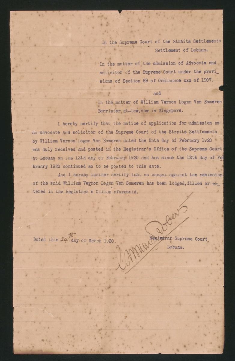 Registrar's certificate of the Supreme Court, Labuan for William Vernon Logan Van Someren