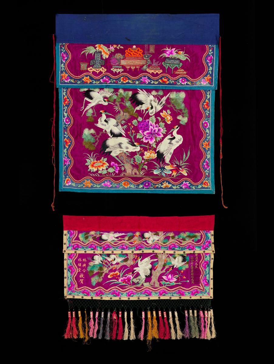 A pair of Teochew wedding ceremonial embroidered banners (pink)