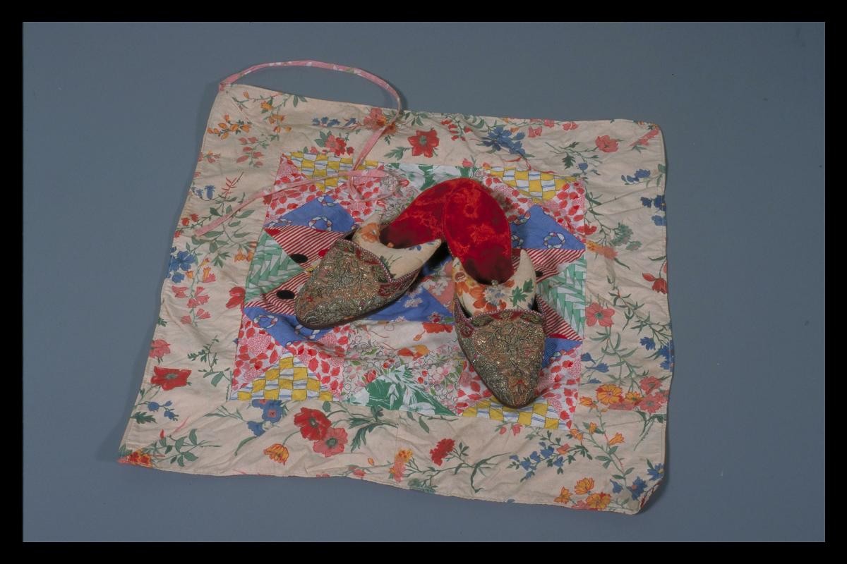 Peranakan Chinese wedding slippers with cushion wrapped in cloth