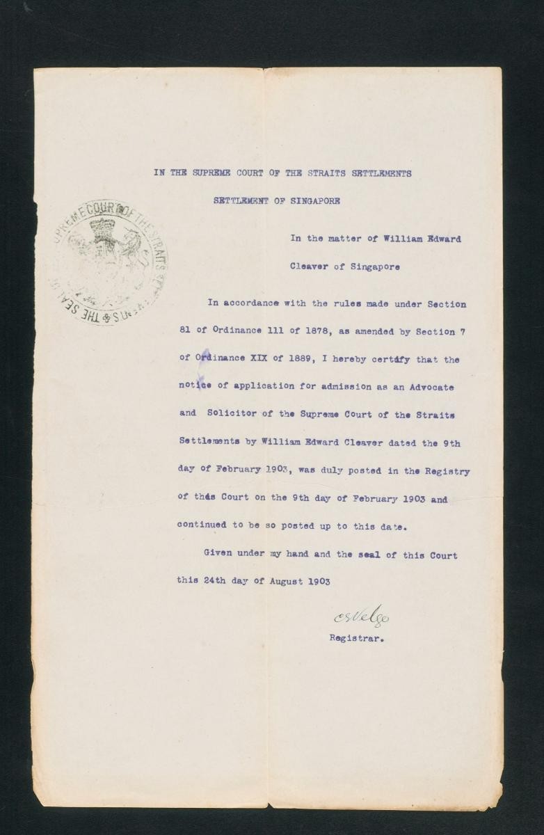 Document from the collection of Straits Settlements legal records