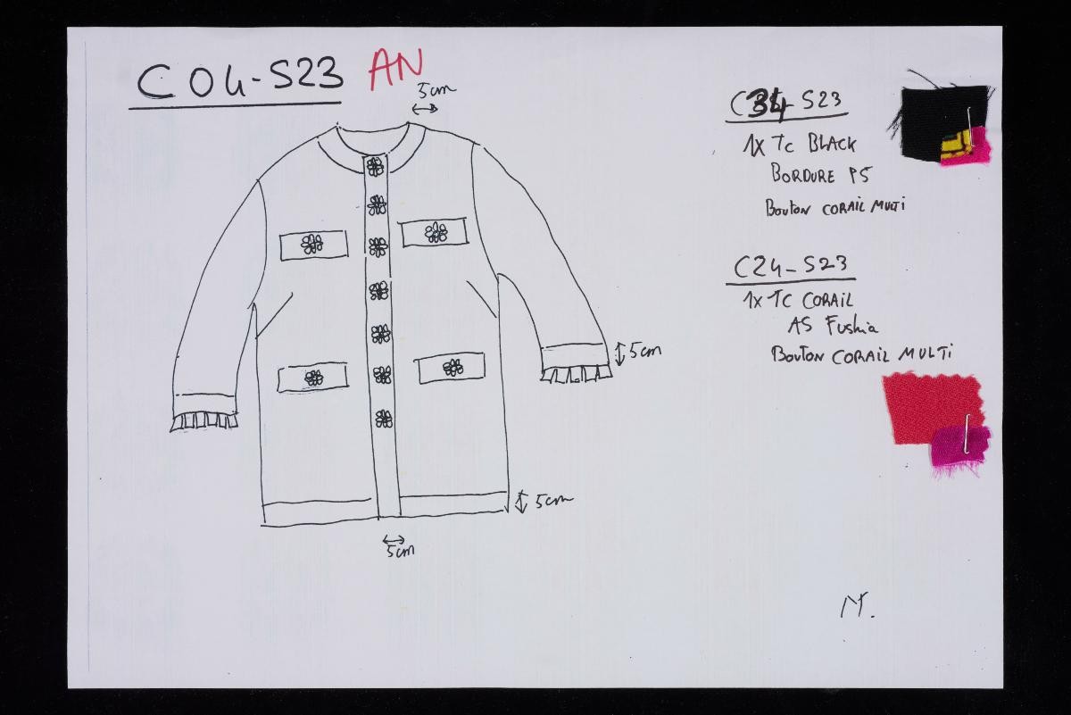 Sketches with fabric swatches from Andrew Gn Spring/Summer 2023 collection