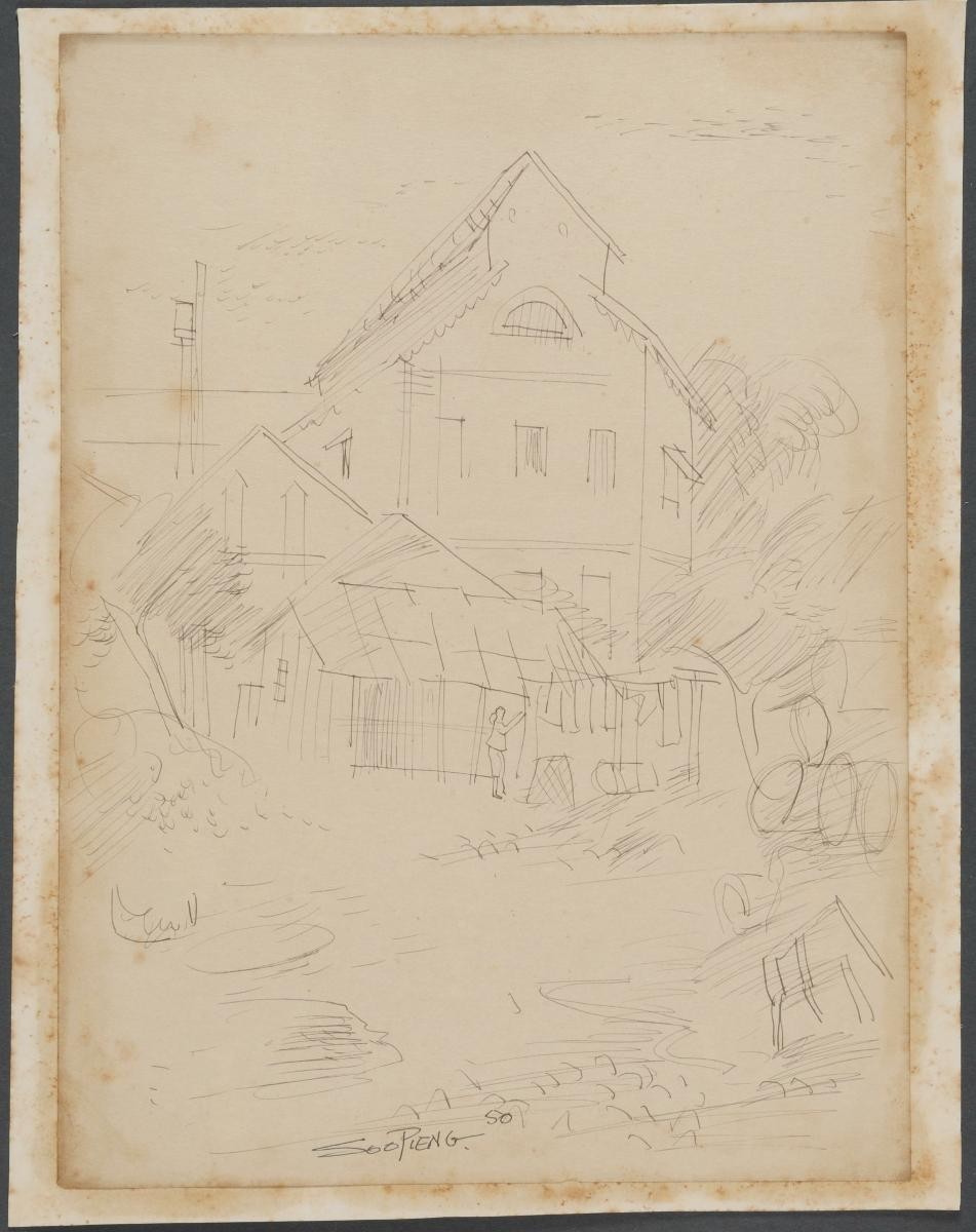 Untitled (Woman Drying Clothes in front of Houses)