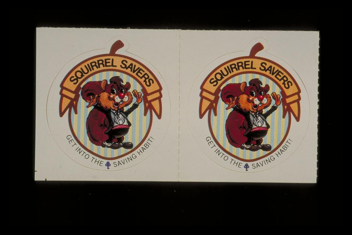 Squirrel Savers Club stickers with slogan, ‘Get into the saving habit!’