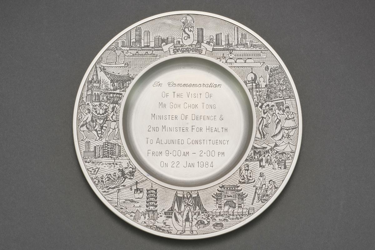 Pewter plate presented to Minister for Defence and 2nd Minister for Health Goh Chok Tong during visit to Aljunied constituency, 22 Jan 1984