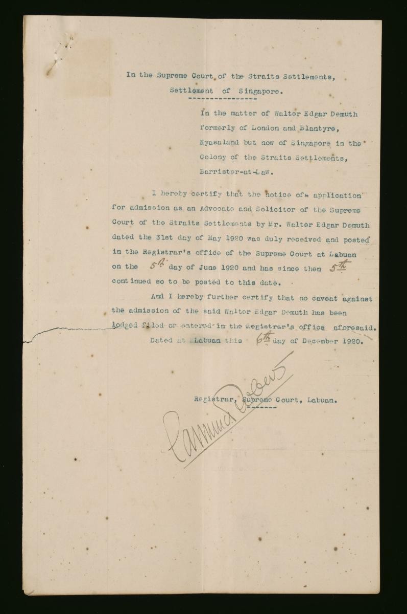 Registrar's certificate of the Supreme Court, Labuan for Walter Edgar Demuth