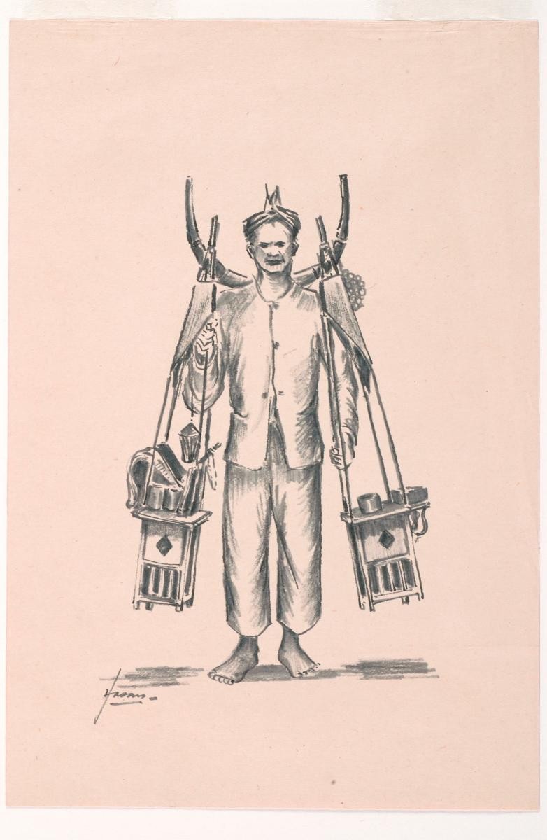 An ink illustration of a street vendor of satay