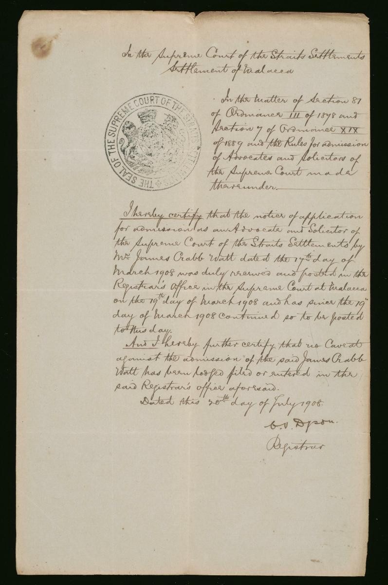Registrar's certificate of the Supreme Court, Malacca for James Crabb Watt
