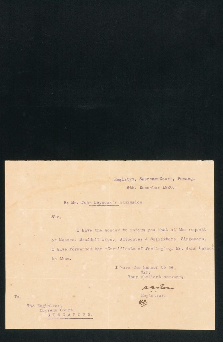 Letter from the Registrar of the Supreme Court, Penang to the Registrar of the Supreme Court, Singapore