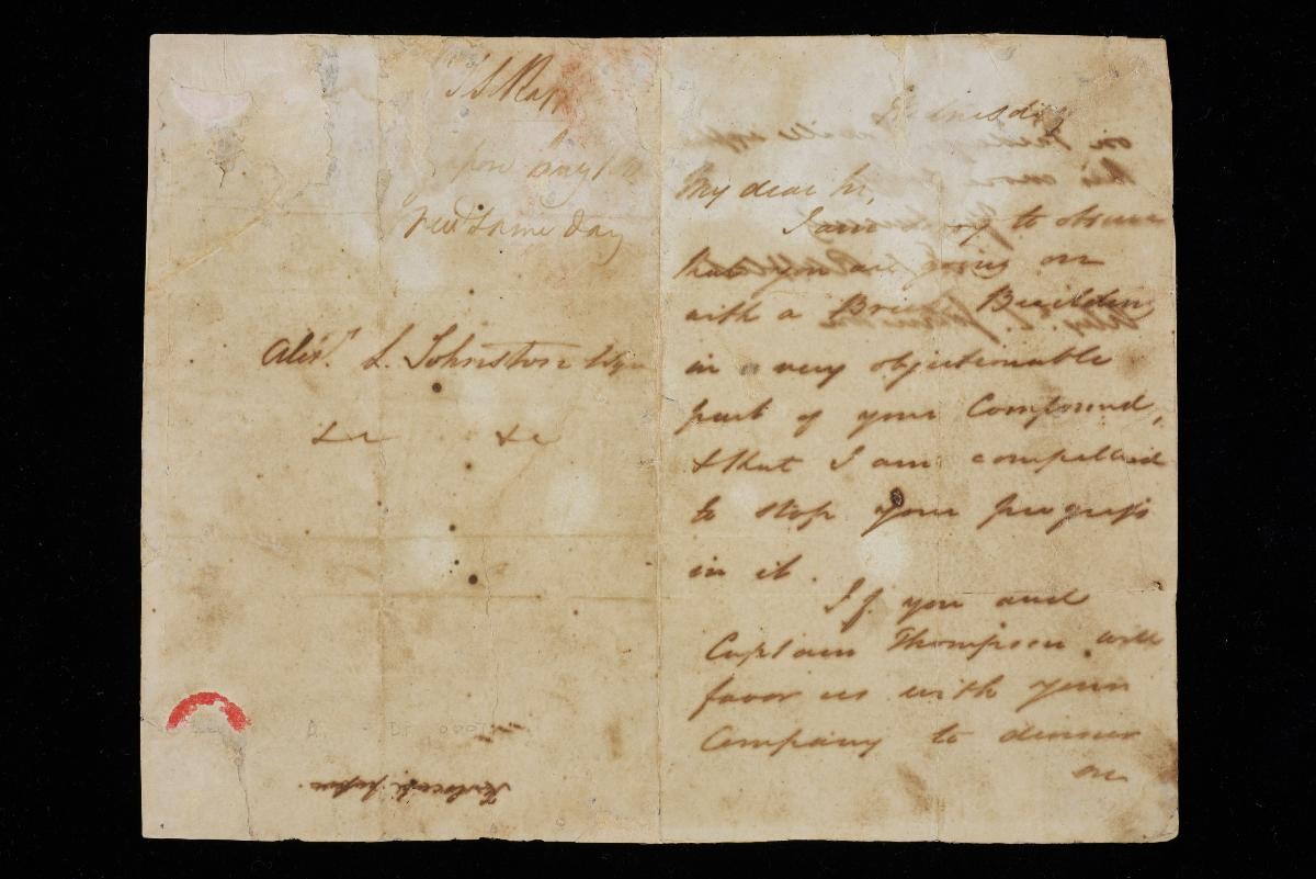 Letter from Sir Stamford Raffles to Alexander Laurie Johnston