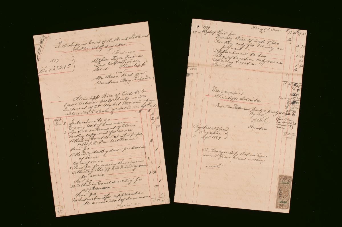 Bill of Costs concerning the suit between Alhia Tiga Oosman Lambert, Theodore Sohst, Wee Boon Keat and Wee Hum Bong