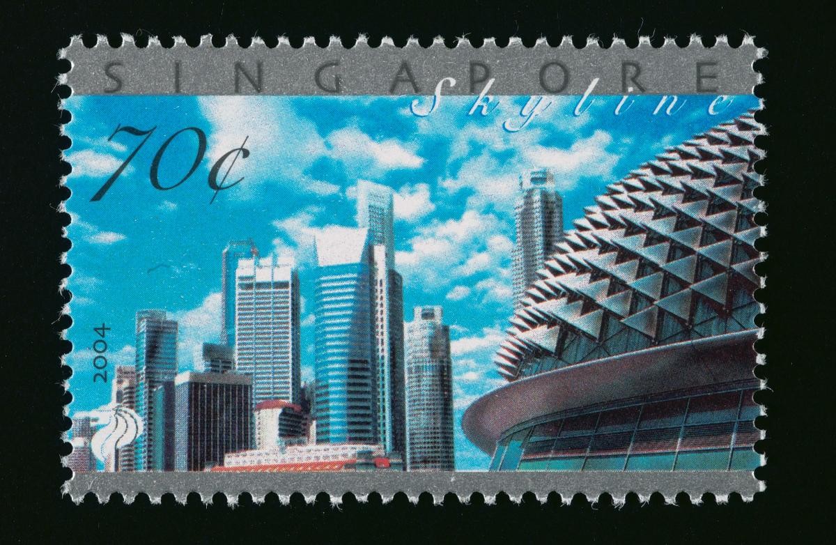 A stamp featuring a view of Singapore’s modern skyline