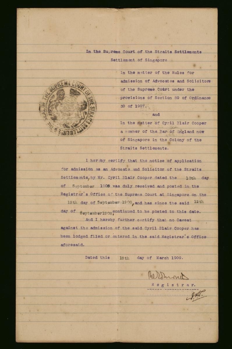 Registrar's certificate of the Supreme Court, Singapore for Cyril Blair Cooper