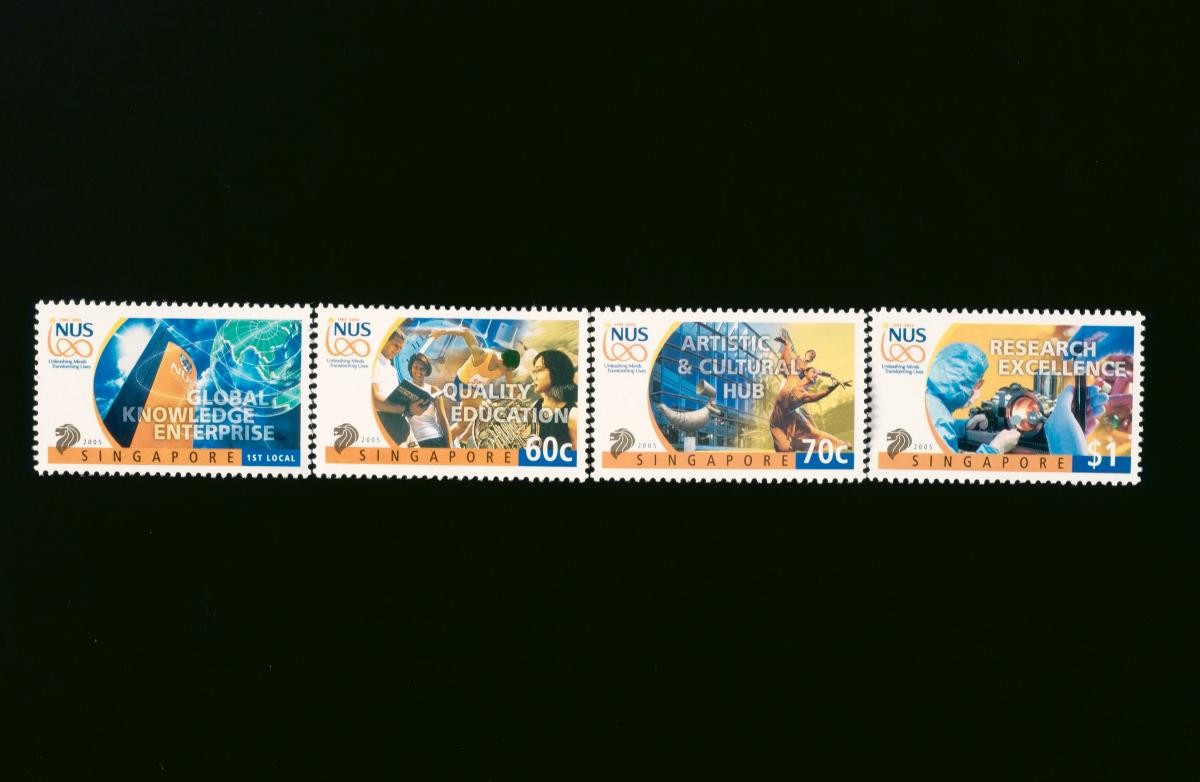 A set of four stamps commemorating the National University of Singapore’s 100th founding anniversary