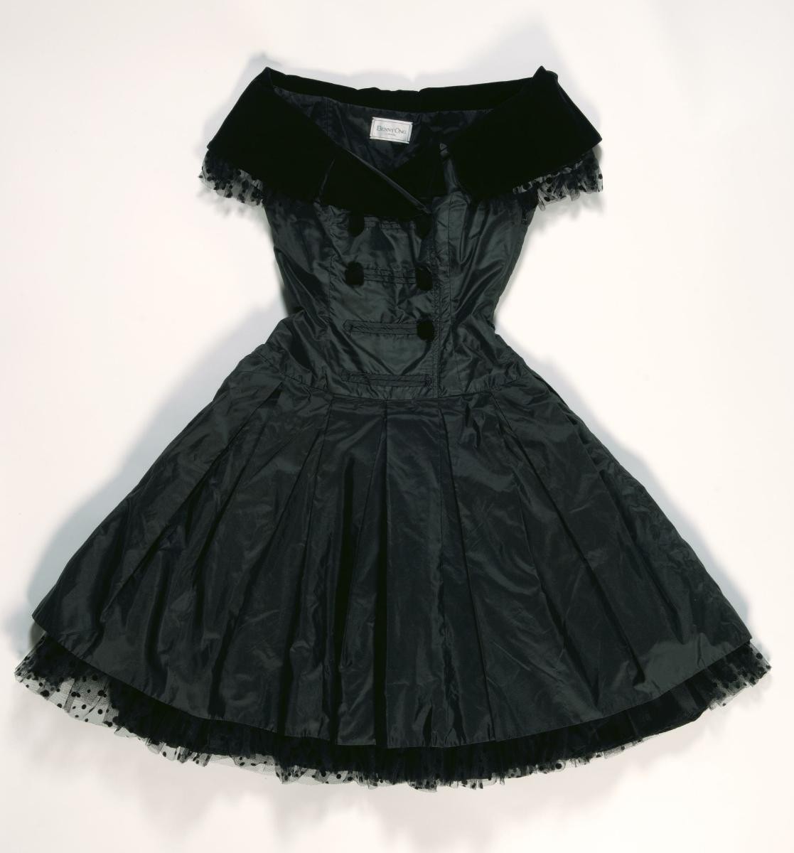 Little black military dress in black taffeta and velvet by Benny Ong