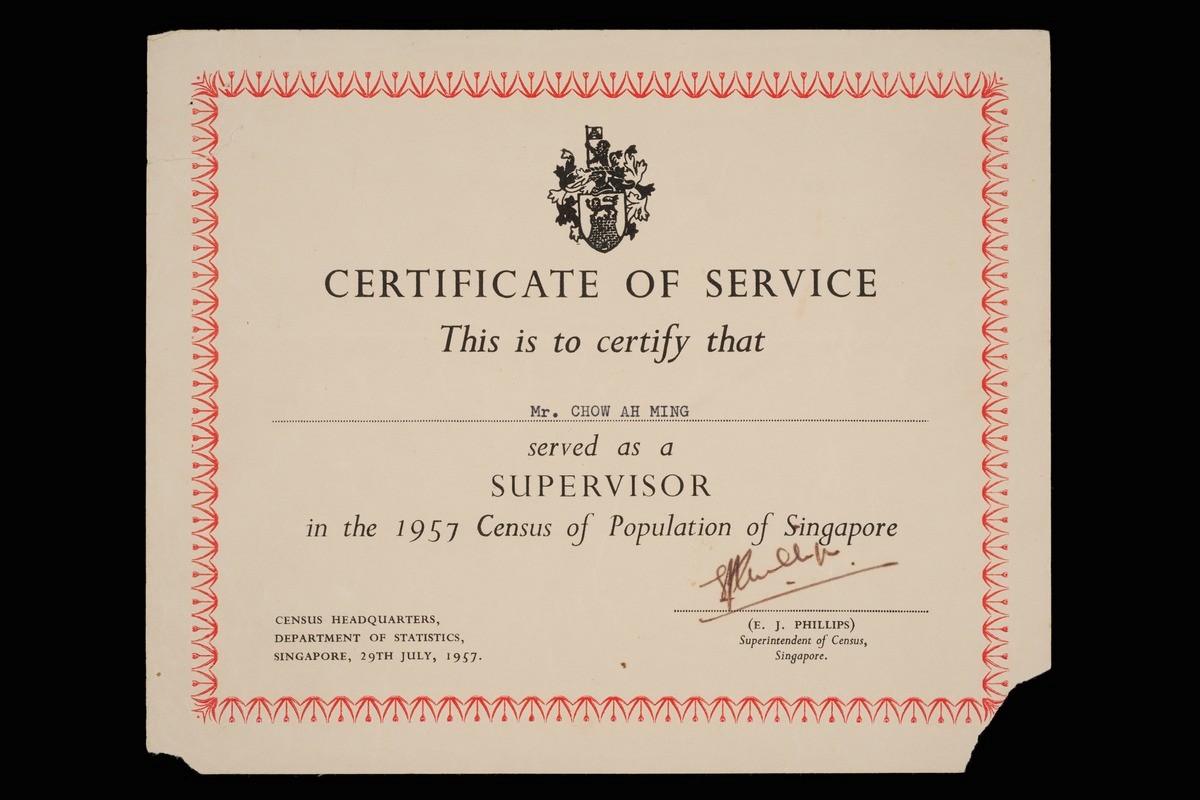 Certificate of Service for the 1957 Census of Population belonging to Chow Ah Ming
