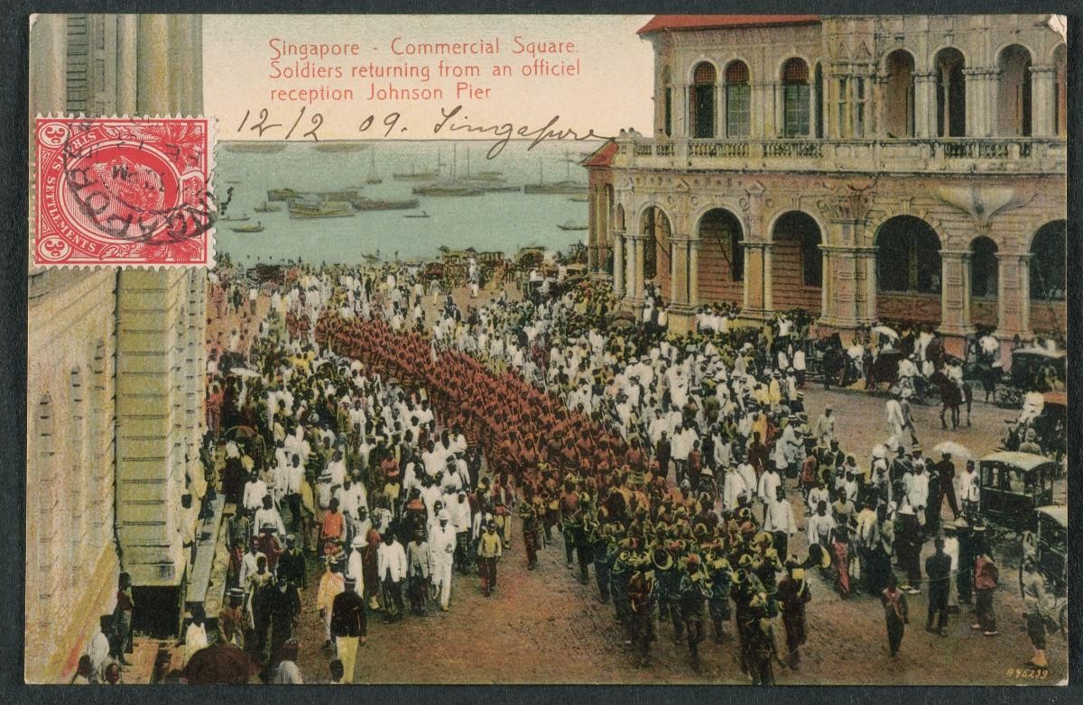 View of soldiers marching at Commercial Square, returning from an official reception at Johnston's Pier