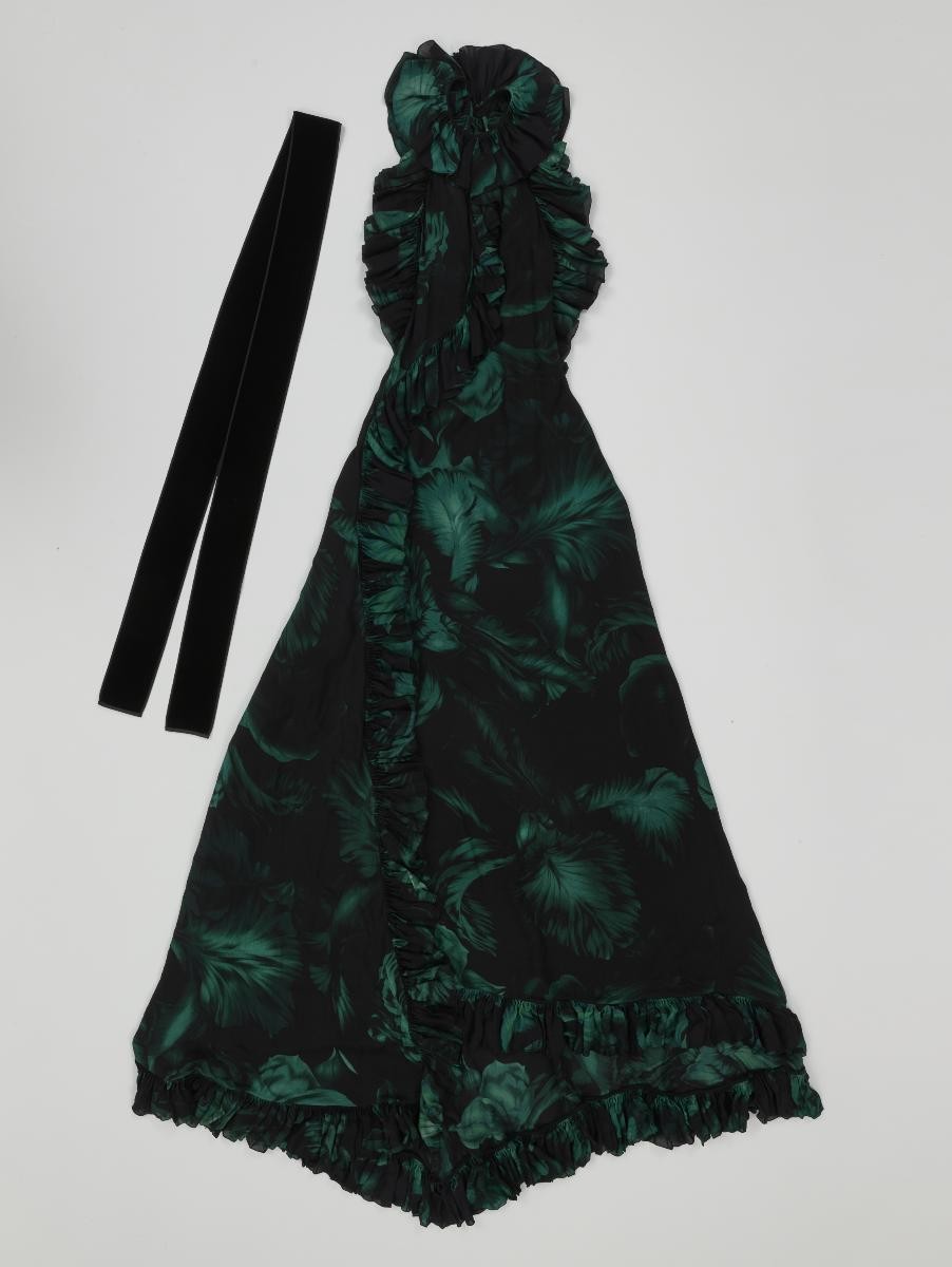 Floral print chiffon evening dress with ruffles and velvet belt