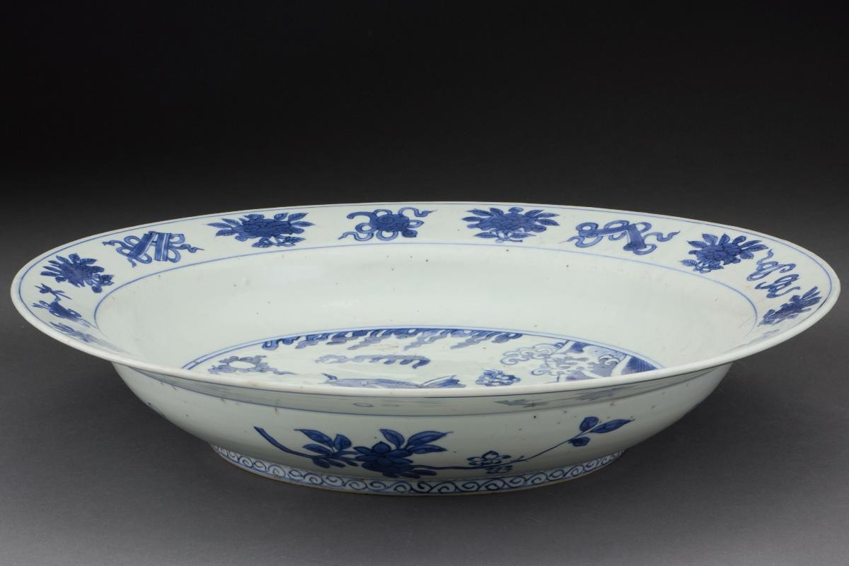 Blue and white dish with carp