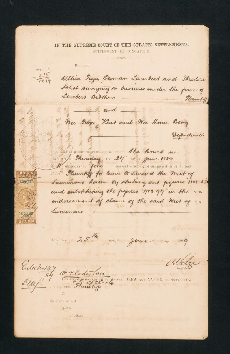 Writ of Summons concerning the suit between Alhia Tiga Oesman Lambert, Theodore Sohet and others