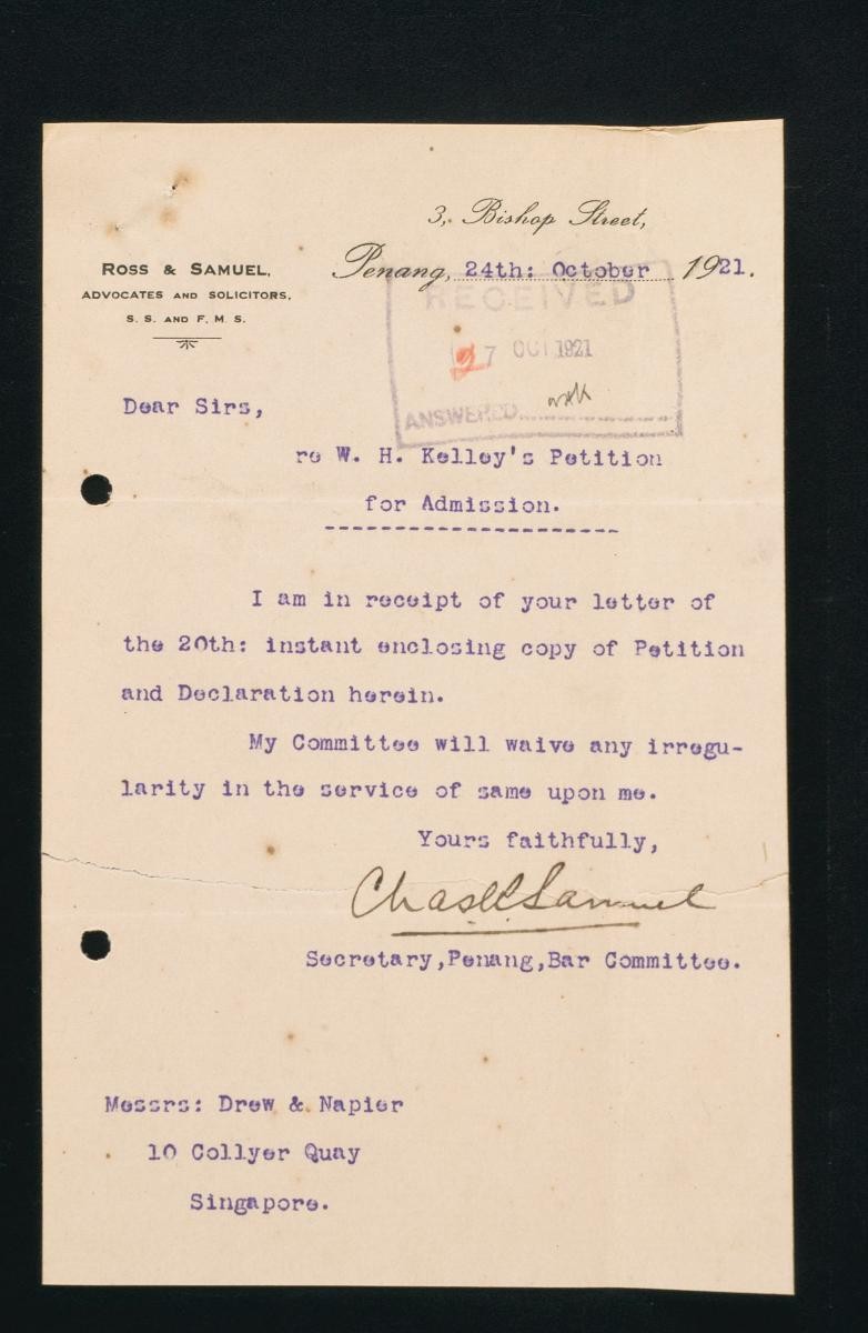 Letter from the Secretary of the Penang Bar Committee to Messrs Drew and Napier