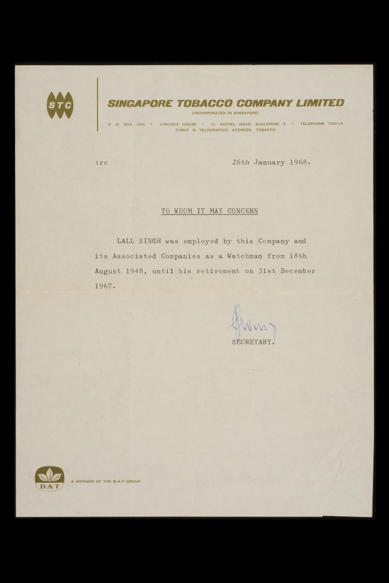 Singapore Tobacco Company Limited verification letter of employment
