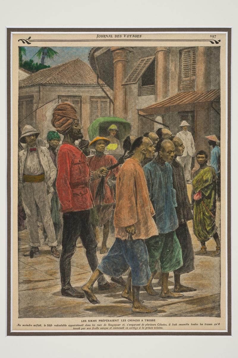 Print from Journal des Voyages depicting a Sikh policeman rounding up Chinese criminals by their queues.