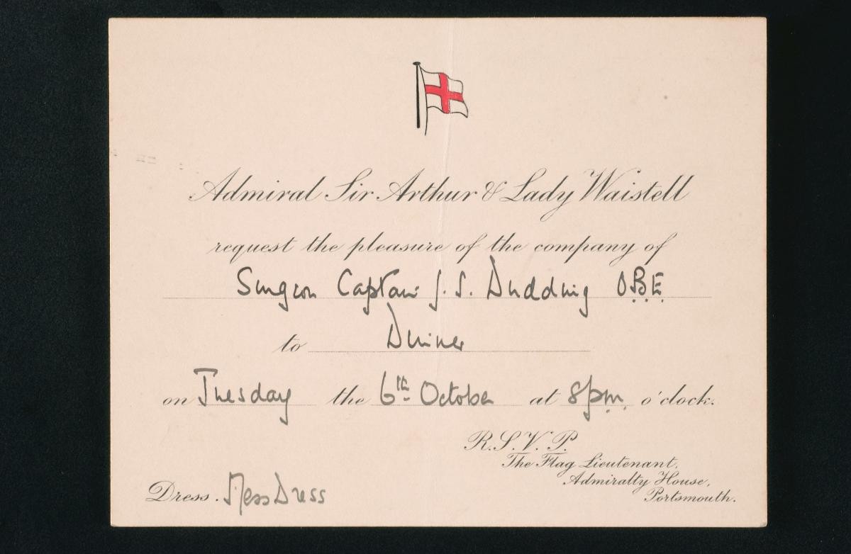 Invitation to a dinner hosted by Admiral Sir Arthur and Lady Waistell