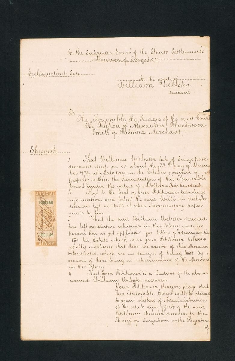 Petition of Alexander Blackwood Smith of Batavia concerning the estate of William Webster