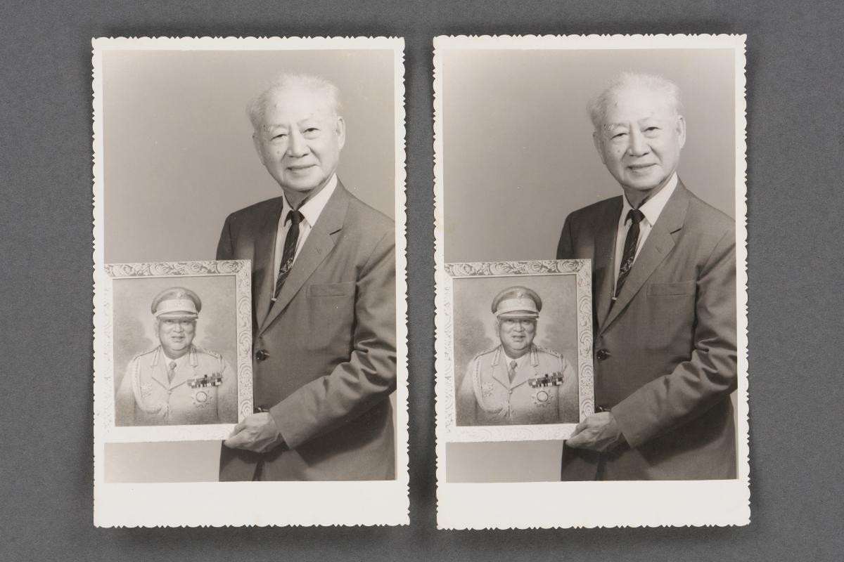 Two photographs of Low Kway Song holding a portrait of Sultan Ismail of Johor