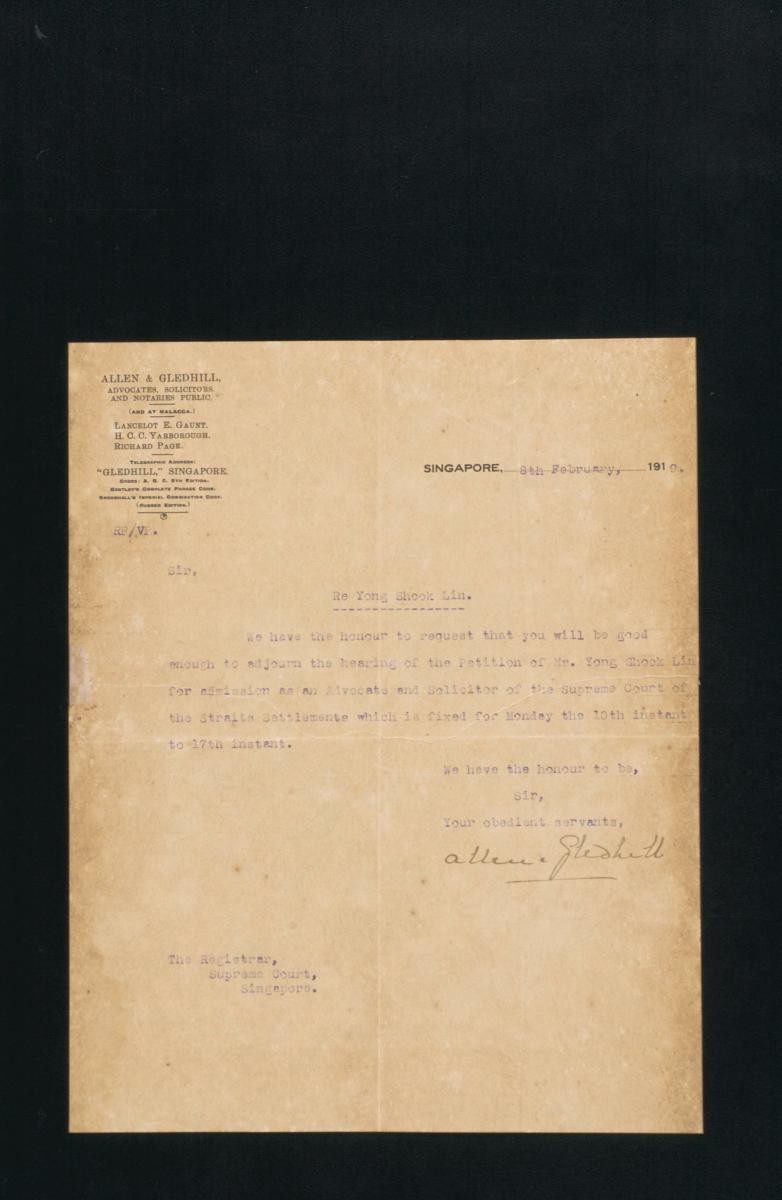 Letter from Allen & Gledhill to the Registrar of the Supreme Court, Singapore