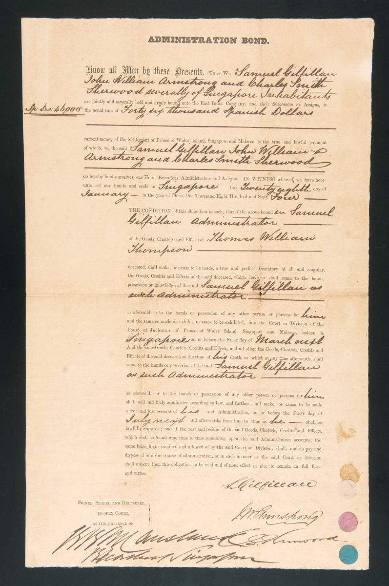 Administration bond of Samuel Gilfillan, John William Armstrong, and Charley Smith Sherwood