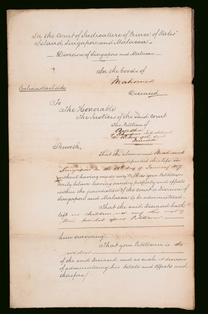 Petition of Ayesha concerning the estate of Mahomed
